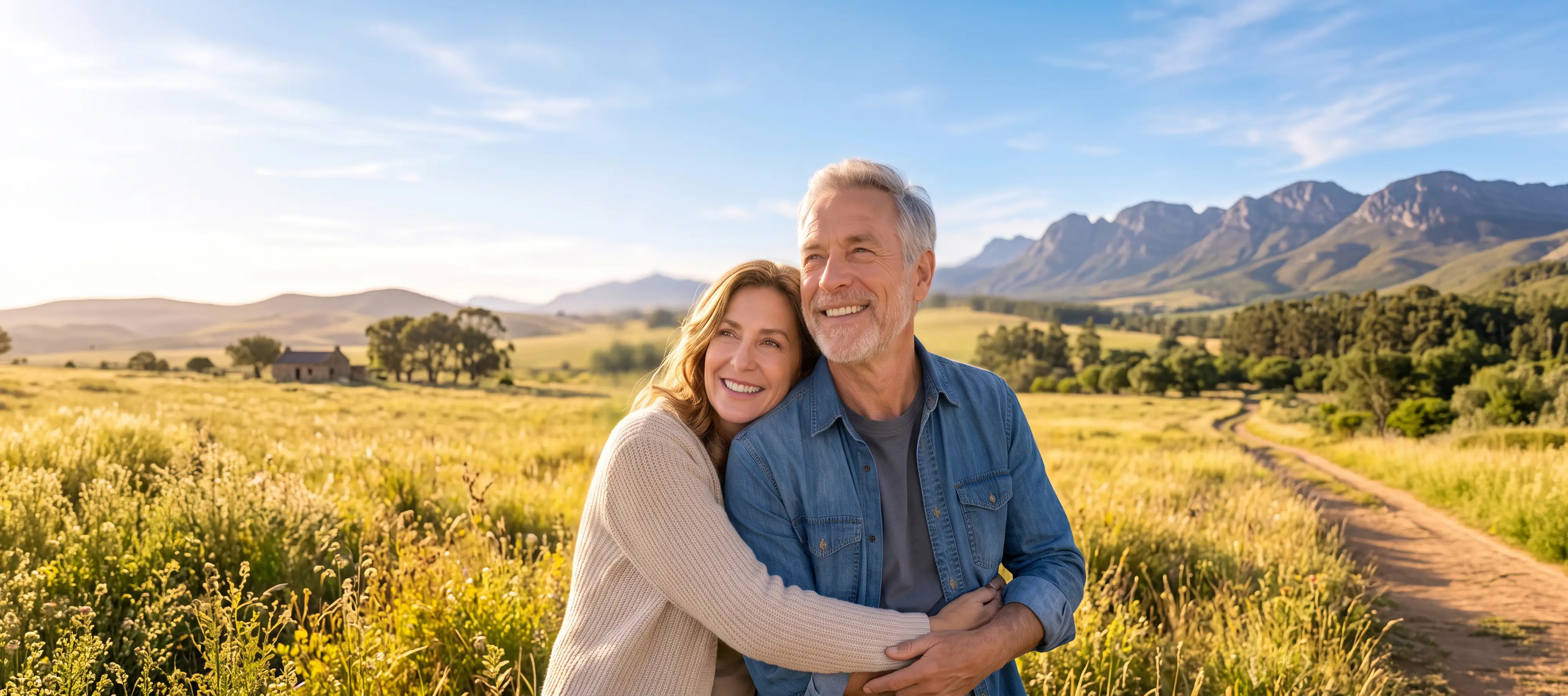 A smiling couple embracing in a sunny field